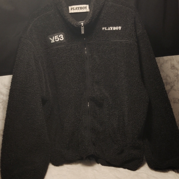 Playboy Double Header Embroidered Sherpa Jacket in Black Size Medium - Picture 3 of 10